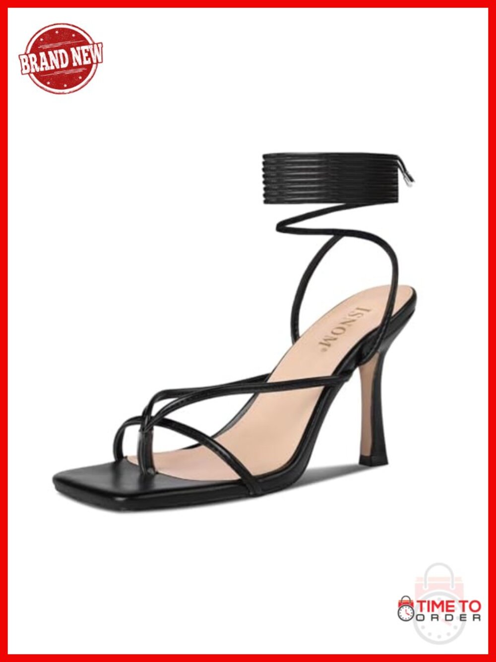Lace Up Stiletto Heeled Sandals Square Open Toe Faux Leather